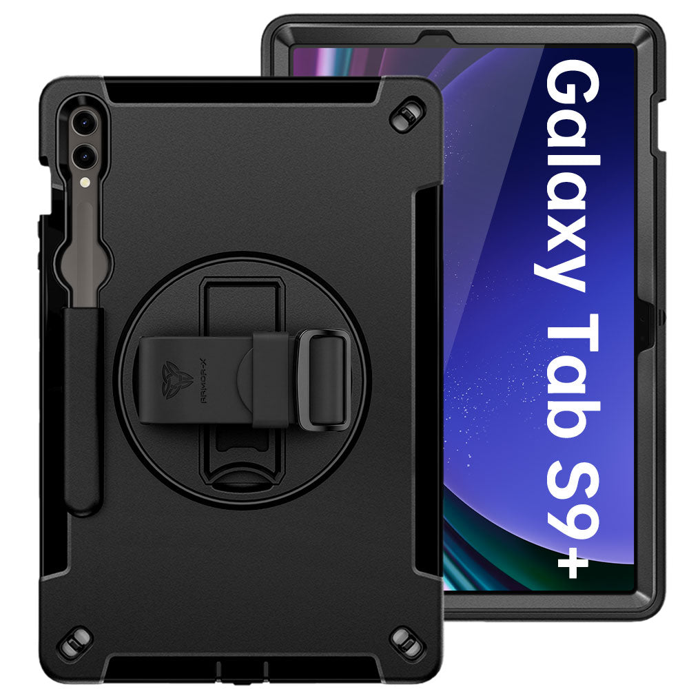 ARMOR-X Samsung Galaxy Tab S9+ S9 Plus SM-X810 / X816 / X818 Healthcare-ready medical-grade rugged case with disinfection-ready construction, MIL-STD-810H drop resistance, rainproof design, silicone hand strap, and kickstand.