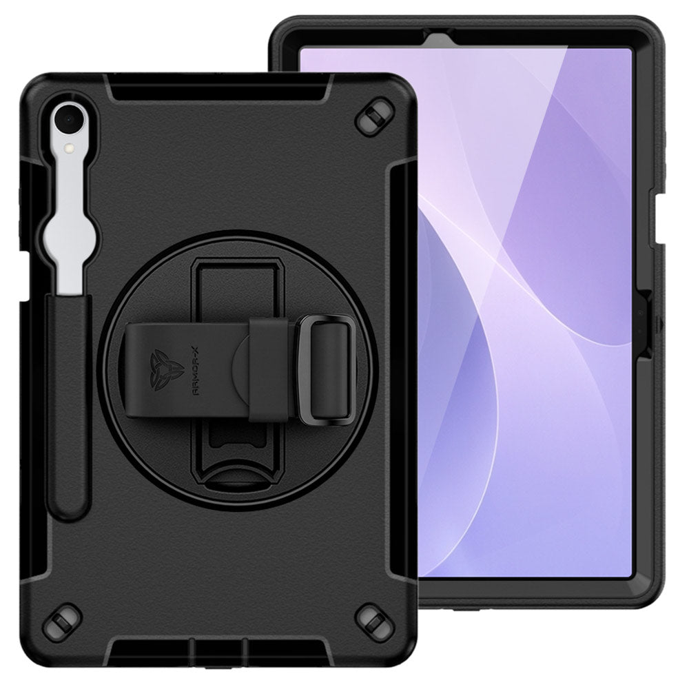 ARMOR-X Samsung Galaxy Tab S12+ S12 Plus SM-X840 / X846 Healthcare-ready medical-grade rugged case with disinfection-ready construction, MIL-STD-810H drop resistance, rainproof design, silicone hand strap, and kickstand.