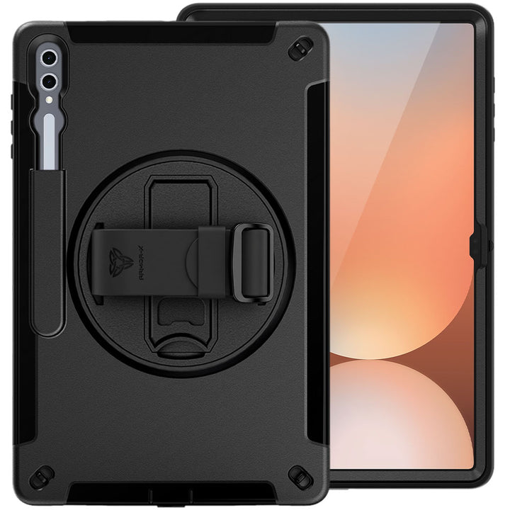 ARMOR-X Samsung Galaxy Tab S10 Ultra SM-X920 / X926B Healthcare-ready medical-grade rugged case with disinfection-ready construction, MIL-STD-810H drop resistance, rainproof design, silicone hand strap, and kickstand.