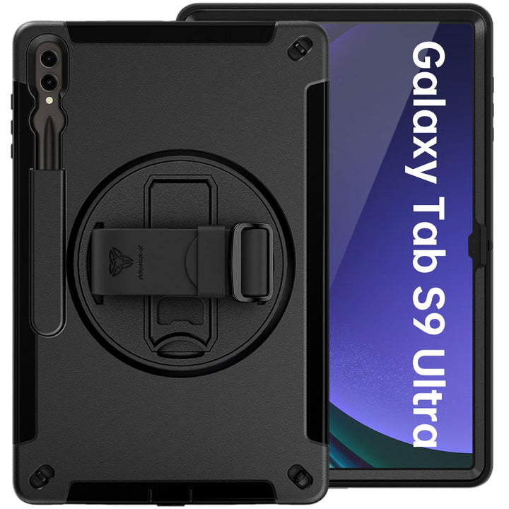 ARMOR-X Samsung Galaxy Tab S9 Ultra SM-X910 / X916 / X918 Healthcare-ready medical-grade rugged case with disinfection-ready construction, MIL-STD-810H drop resistance, rainproof design, silicone hand strap, and kickstand.