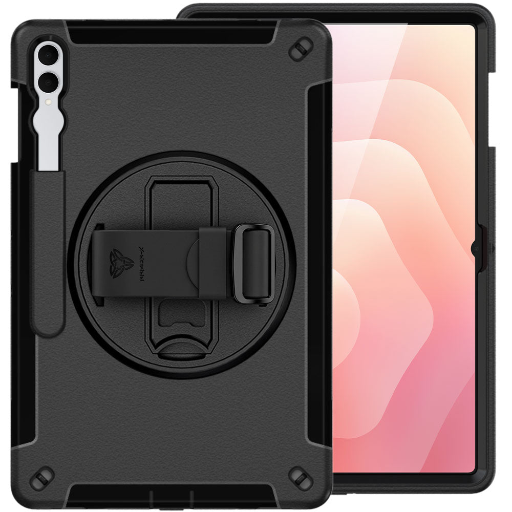 ARMOR-X Samsung Galaxy Tab S11 Ultra SM-X930 / X936 Healthcare-ready medical-grade rugged case with disinfection-ready construction, MIL-STD-810H drop resistance, rainproof design, silicone hand strap, and kickstand.