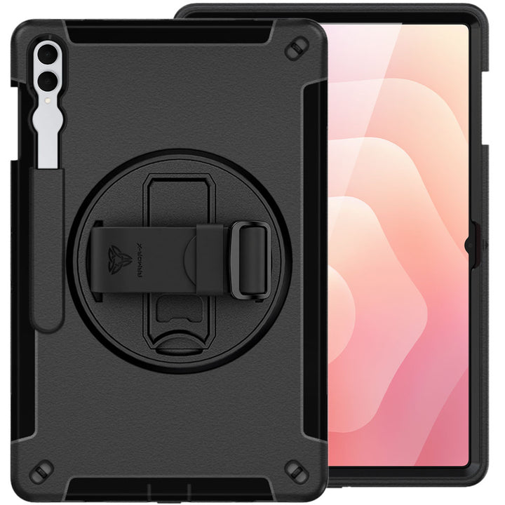 ARMOR-X Samsung Galaxy Tab S11 Ultra SM-X930 / X936 Healthcare-ready medical-grade rugged case with disinfection-ready construction, MIL-STD-810H drop resistance, rainproof design, silicone hand strap, and kickstand.