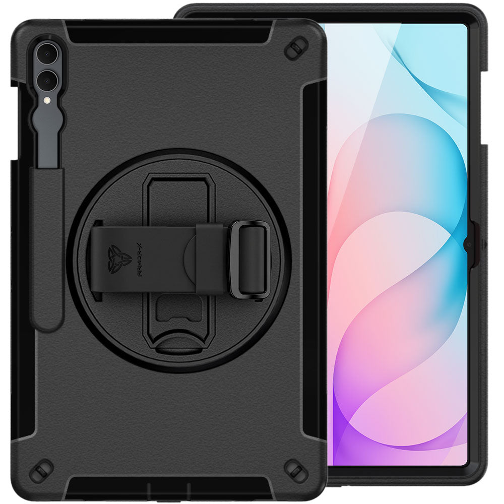 ARMOR-X Samsung Galaxy Tab S12 Ultra SM-X940 / X946 Healthcare-ready medical-grade rugged case with disinfection-ready construction, MIL-STD-810H drop resistance, rainproof design, silicone hand strap, and kickstand.