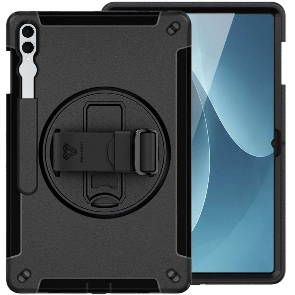 ARMOR-X Samsung Galaxy Tab S12 Ultra SM-X940 / X946 Healthcare-ready medical-grade rugged case with disinfection-ready construction, MIL-STD-810H drop resistance, rainproof design, silicone hand strap, and kickstand.