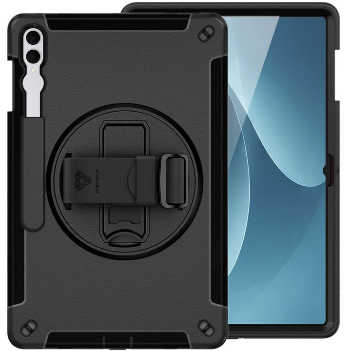 ARMOR-X Samsung Galaxy Tab S12 Ultra SM-X940 / X946 Healthcare-ready medical-grade rugged case with disinfection-ready construction, MIL-STD-810H drop resistance, rainproof design, silicone hand strap, and kickstand.