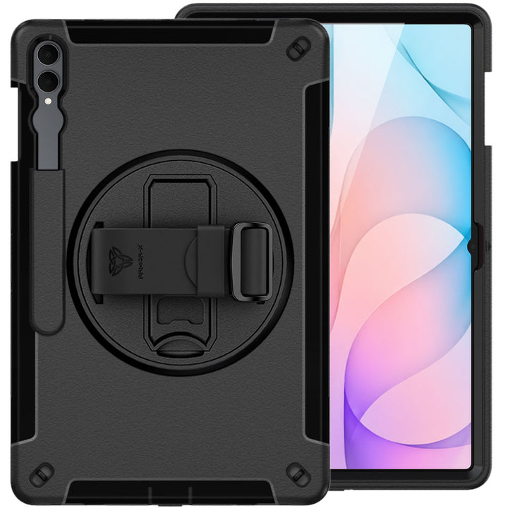 ARMOR-X Samsung Galaxy Tab S12 Ultra SM-X940 / X946 Healthcare-ready medical-grade rugged case with disinfection-ready construction, MIL-STD-810H drop resistance, rainproof design, silicone hand strap, and kickstand.