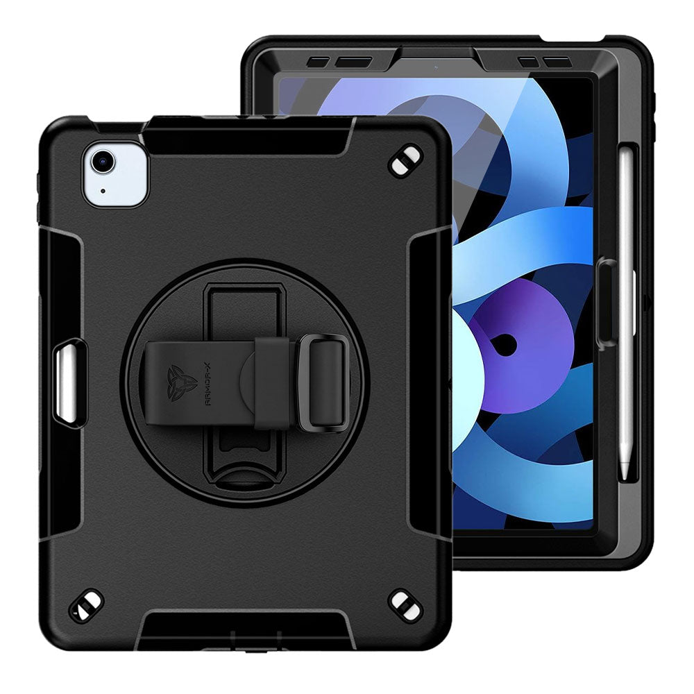 ARMOR-X iPad Air 4 2020 / iPad Air 5 2022 Healthcare-ready medical-grade rugged case with disinfection-ready construction, MIL-STD-810H drop resistance, rainproof design, silicone hand strap, and kickstand.