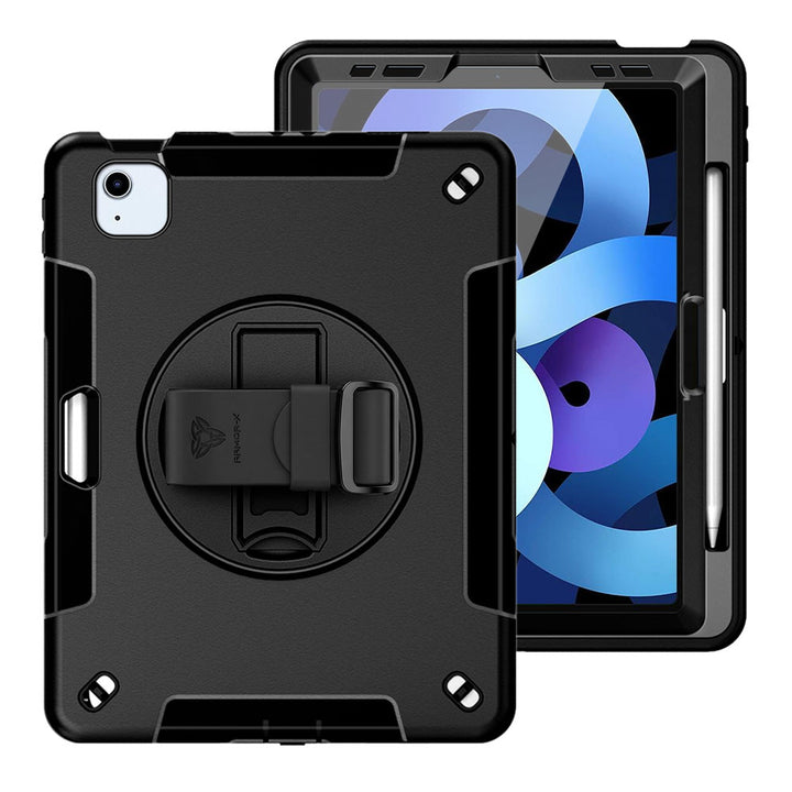 ARMOR-X iPad Air 4 2020 / iPad Air 5 2022 Healthcare-ready medical-grade rugged case with disinfection-ready construction, MIL-STD-810H drop resistance, rainproof design, silicone hand strap, and kickstand.