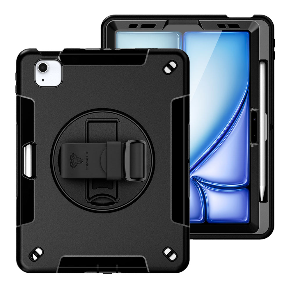ARMOR-X iPad Air 11 (M2) / (M3) / (M4) Healthcare-ready medical-grade rugged case with disinfection-ready construction, MIL-STD-810H drop resistance, rainproof design, silicone hand strap, and kickstand.