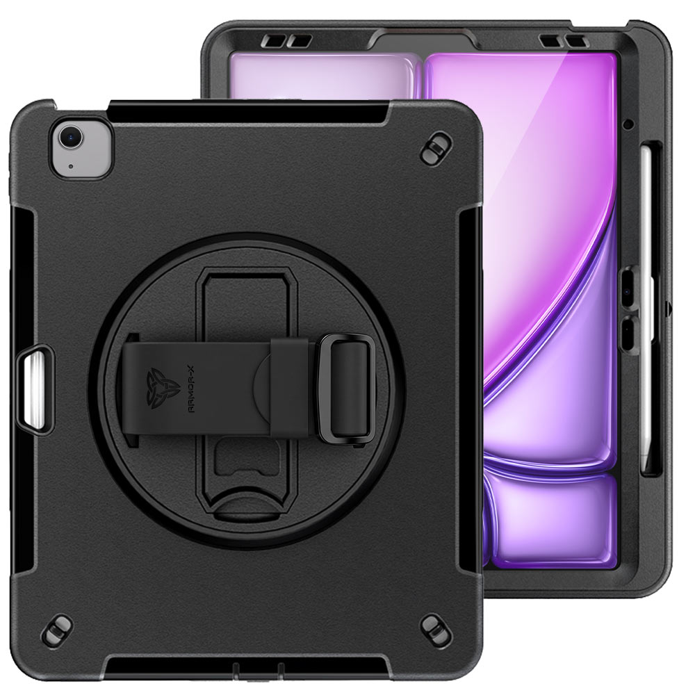 ARMOR-X iPad Air 13 (M2) / (M3) / (M4) Healthcare-ready medical-grade rugged case with disinfection-ready construction, MIL-STD-810H drop resistance, rainproof design, silicone hand strap, and kickstand.