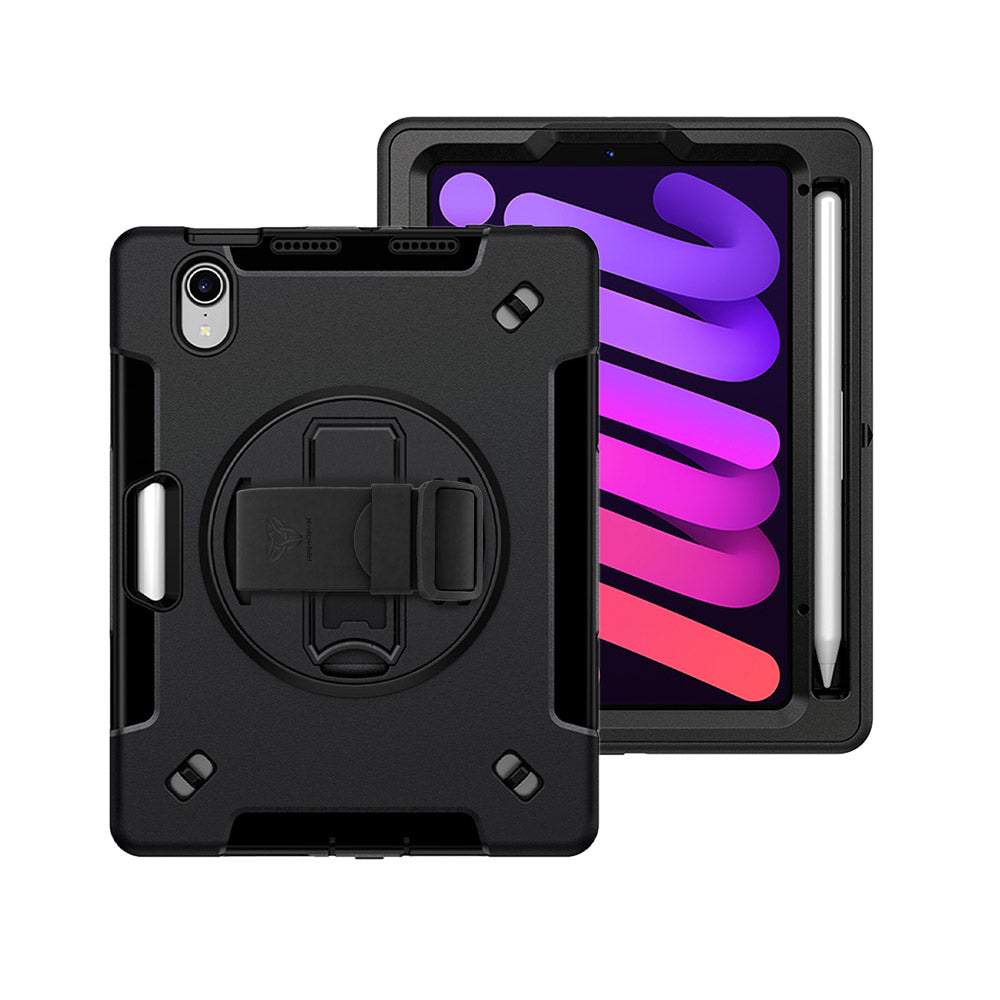 ARMOR-X iPad mini 6 Healthcare-ready medical-grade rugged case with disinfection-ready construction, MIL-STD-810H drop resistance, rainproof design, silicone hand strap, and kickstand.