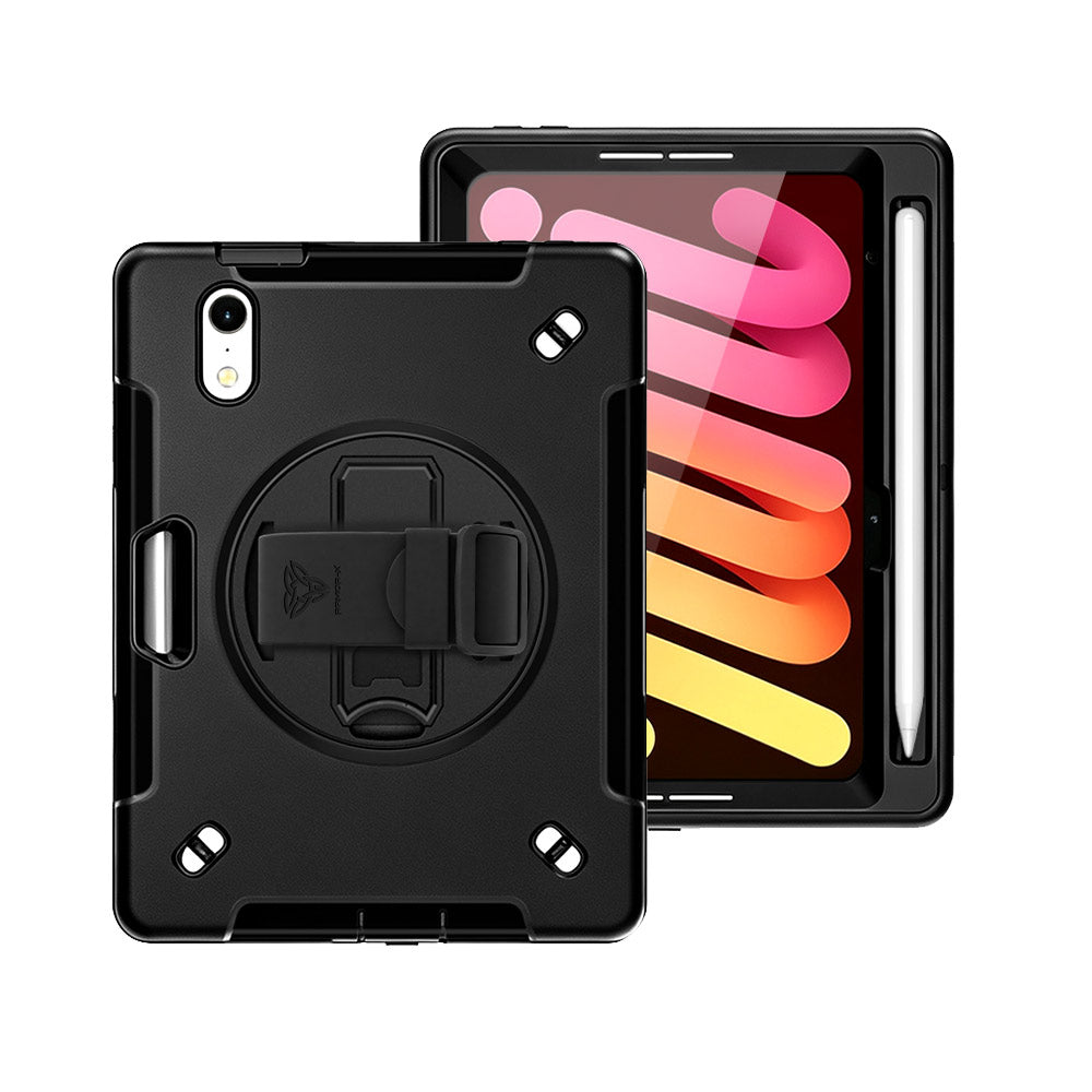 ARMOR-X iPad mini 8 Healthcare-ready medical-grade rugged case with disinfection-ready construction, MIL-STD-810H drop resistance, rainproof design, silicone hand strap, and kickstand.