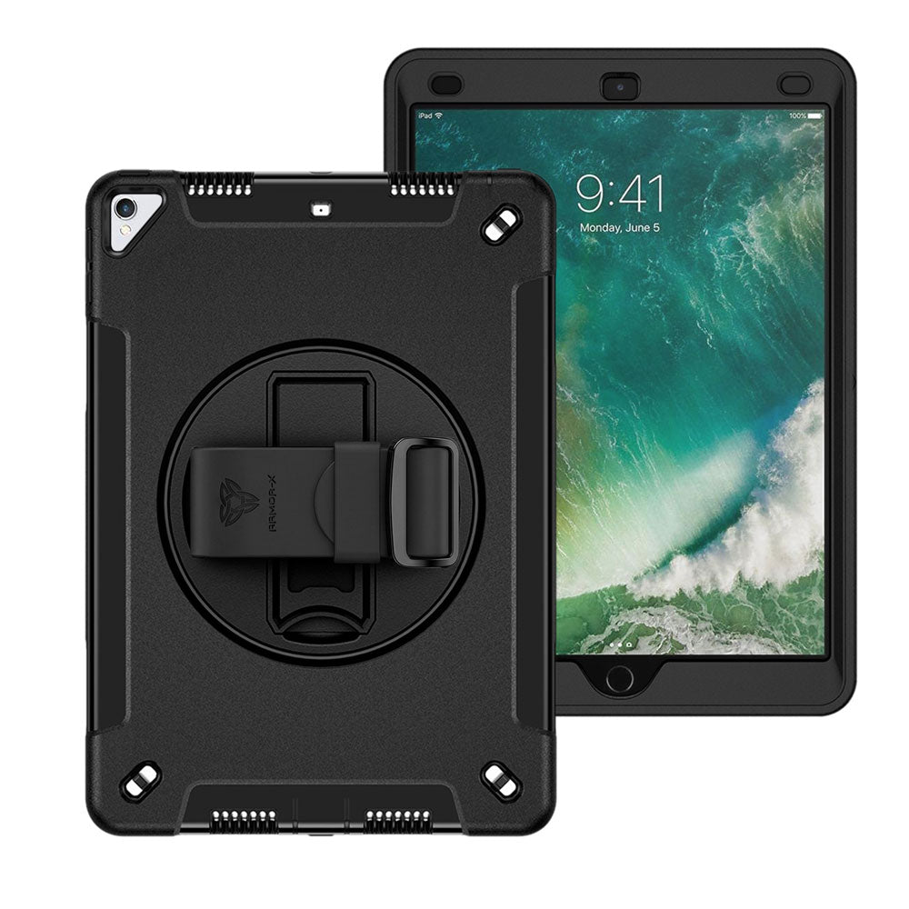 ARMOR-X iPad Pro 10.5 2017 Healthcare-ready medical-grade rugged case with disinfection-ready construction, MIL-STD-810H drop resistance, rainproof design, silicone hand strap, and kickstand.