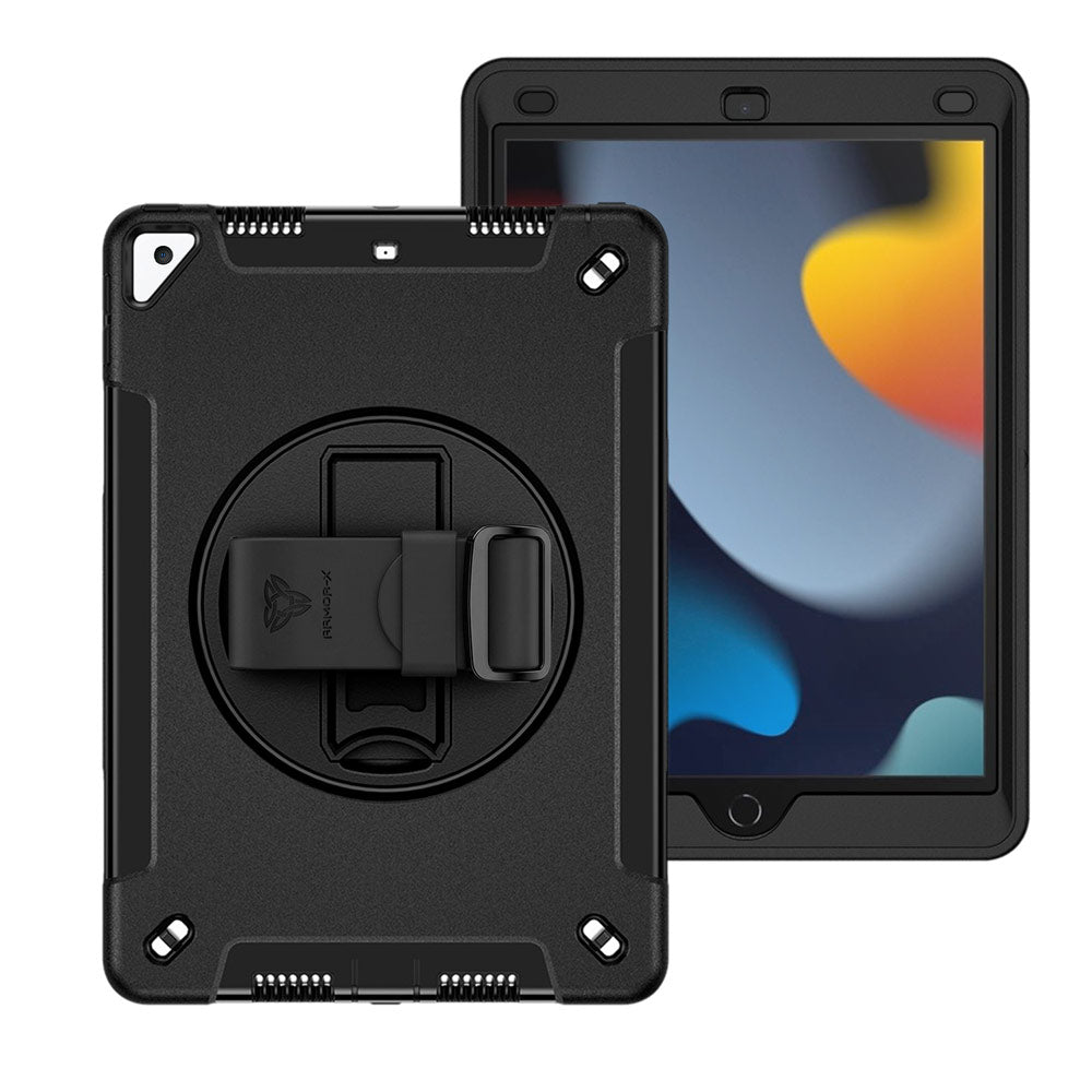 ARMOR-X iPad 10.2 (7th &amp; 8th &amp; 9th Gen.) 2019 / 2020 / 2021 Healthcare-ready medical-grade rugged case with disinfection-ready construction, MIL-STD-810H drop resistance, rainproof design, silicone hand strap, and kickstand.