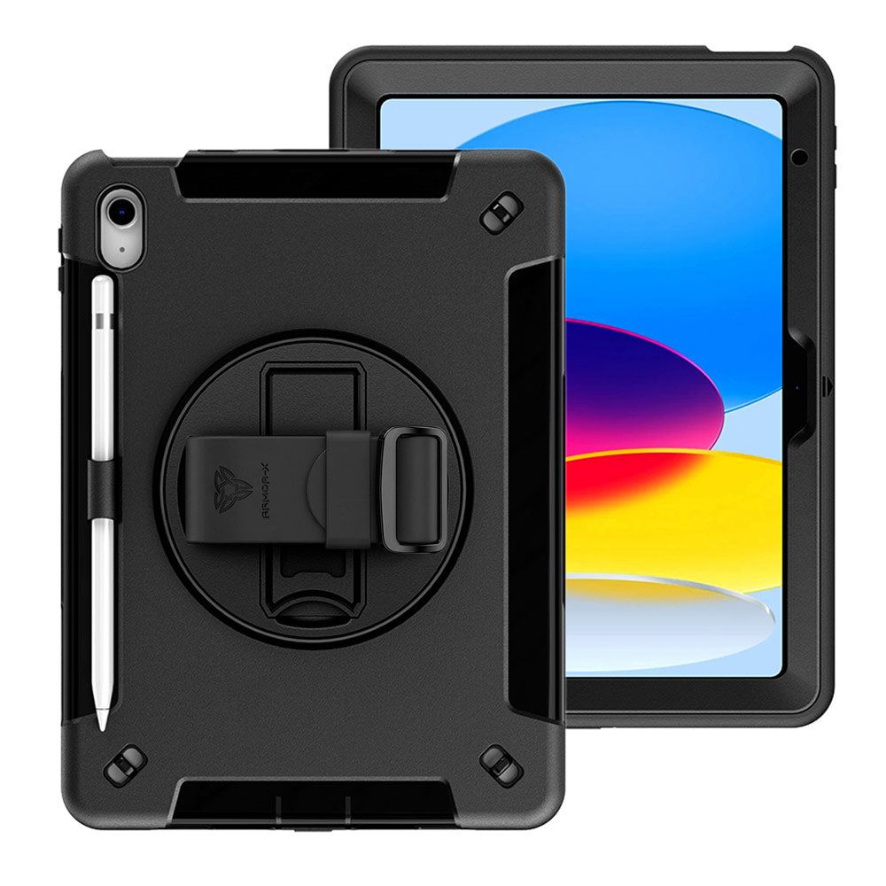 ARMOR-X iPad 10.9 (10th Gen.) Healthcare-ready medical-grade rugged case with disinfection-ready construction, MIL-STD-810H drop resistance, rainproof design, silicone hand strap, and kickstand.