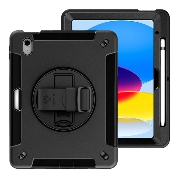 ARMOR-X iPad 10.9 (10th Gen.) Healthcare-ready medical-grade rugged case with disinfection-ready construction, MIL-STD-810H drop resistance, rainproof design, silicone hand strap, and kickstand.