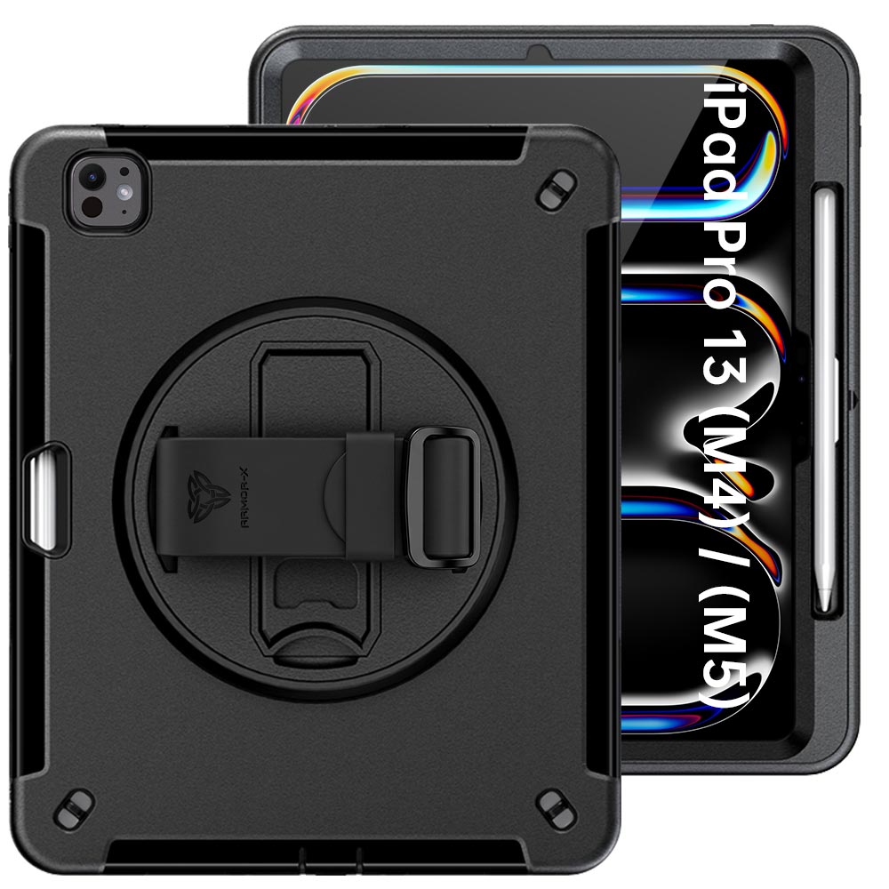 ARMOR-X iPad Pro 13 (M4) / (M5) Healthcare-ready medical-grade rugged case with disinfection-ready construction, MIL-STD-810H drop resistance, rainproof design, silicone hand strap, and kickstand.