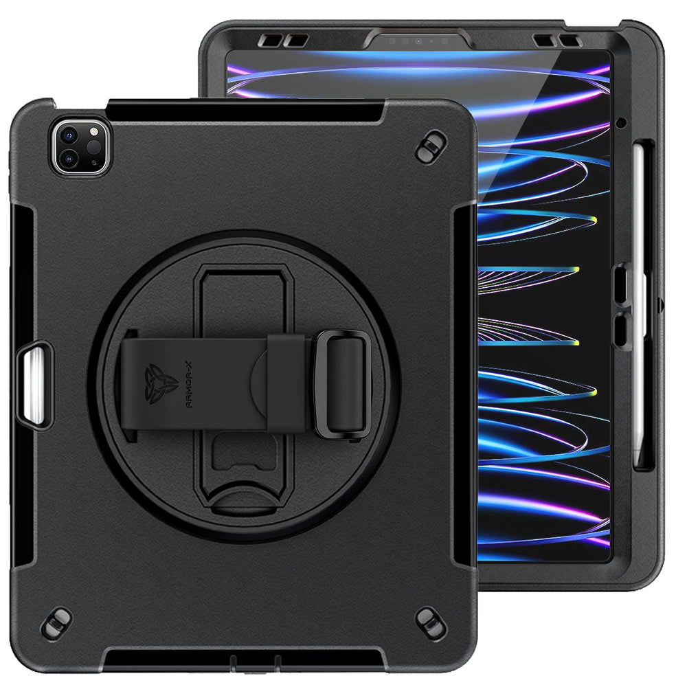 ARMOR-X iPad Pro 12.9 ( 3rd / 4th / 5th / 6th Gen. ) 2018 / 2020 / 2021 / 2022 Healthcare-ready medical-grade rugged case with disinfection-ready construction, MIL-STD-810H drop resistance, rainproof design, silicone hand strap, and kickstand.
