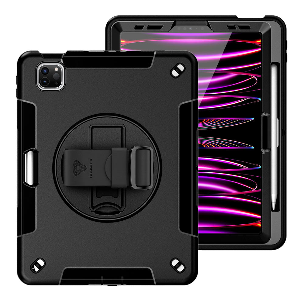 ARMOR-X iPad Pro 11 ( 1st / 2nd / 3rd / 4th Gen ) 2018 / 2020 / 2021 / 2022 Healthcare-ready medical-grade rugged case with disinfection-ready construction, MIL-STD-810H drop resistance, rainproof design, silicone hand strap, and kickstand.