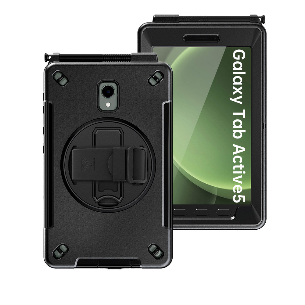 ARMOR-X Samsung Galaxy Tab Active5 (8-inch) SM-X300 SM-X306B SM-X308U / Active3 Healthcare-ready medical-grade rugged case with disinfection-ready construction, MIL-STD-810H drop resistance, rainproof design, silicone hand strap, and kickstand.