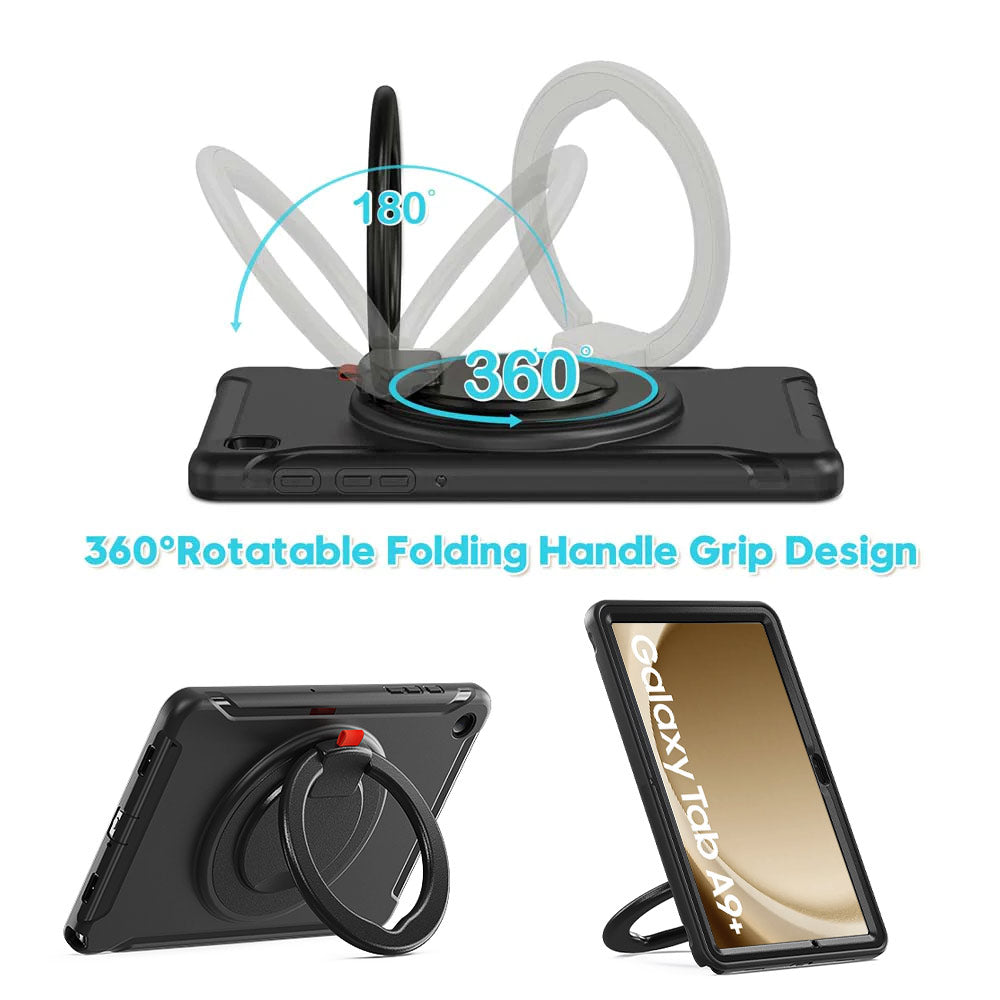 ARMOR-X Samsung Galaxy Tab A9+ A9 Plus SM-X210 / SM-X215 / SM-X216 Rugged kids case with kick-stand. 360 degree swivels hand grip design for one-handed operation.