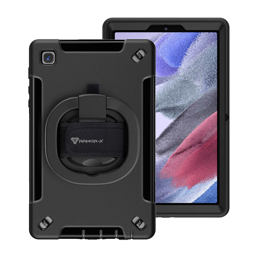 ARMOR-X Samsung Galaxy Tab A7 Lite 8.7 SM-T220 / T225 shockproof case, impact protection cover with hand strap and kick stand & folding grip. One-handed design for your workplace.