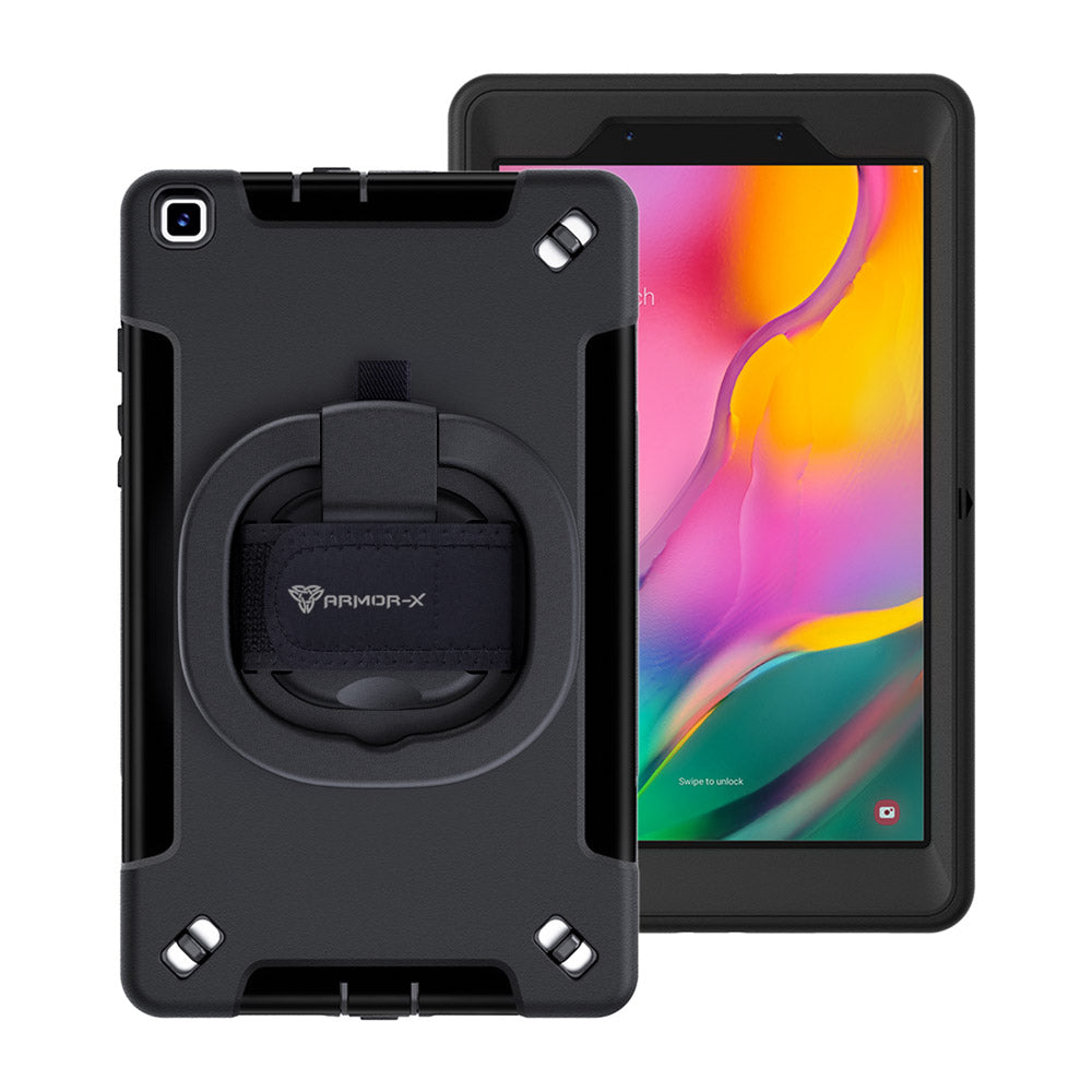 ARMOR-X Samsung Galaxy Tab A 8.0 (2019) T290 T295 shockproof case, impact protection cover with hand strap and kick stand & folding grip. One-handed design for your workplace.