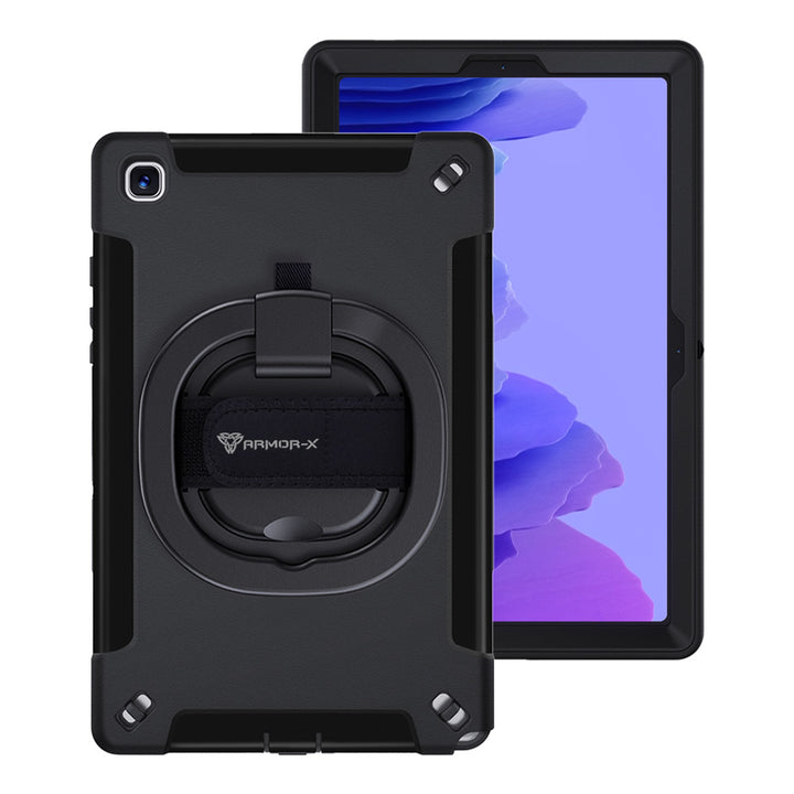 ARMOR-X Samsung Galaxy Tab A7 10.4 SM-T500 T505 T507 (2020) / A7 10.4 SM-T509 (2022) shockproof case, impact protection cover with hand strap and kick stand & folding grip. One-handed design for your workplace.