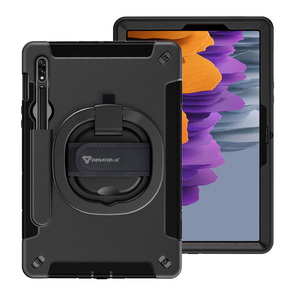 ARMOR-X Samsung Galaxy Tab S7 SM-T870 / SM-T875 / SM-T876B shockproof case, impact protection cover with hand strap and kick stand & folding grip. One-handed design for your workplace.