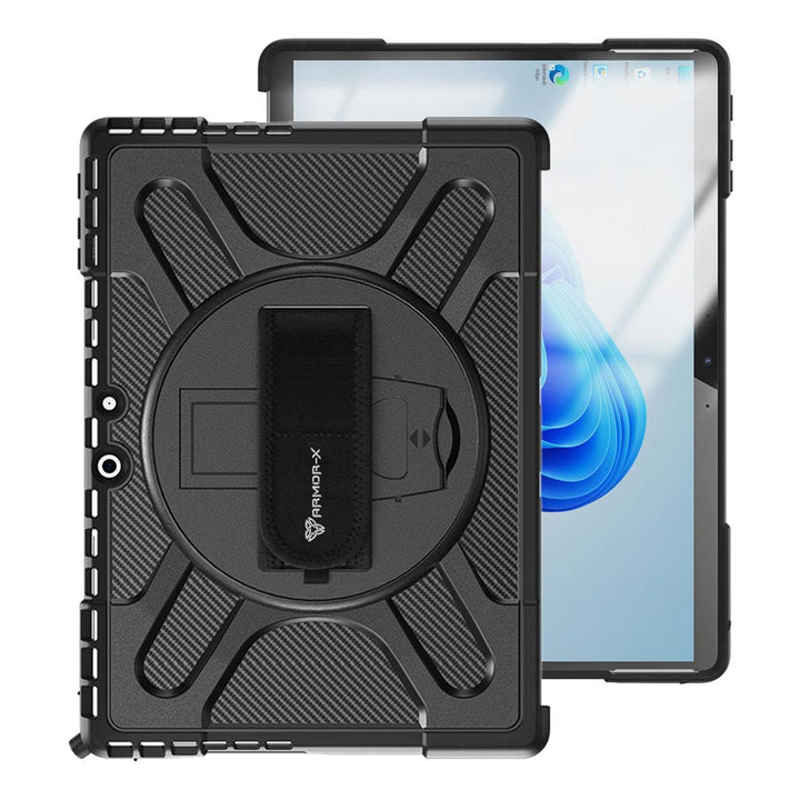 ARMOR-X Microsoft Surface Pro 9 Ultra 2 layers shockproof rugged case with hand strap and kick-stand, compatible with microsoft type cover keyboard.