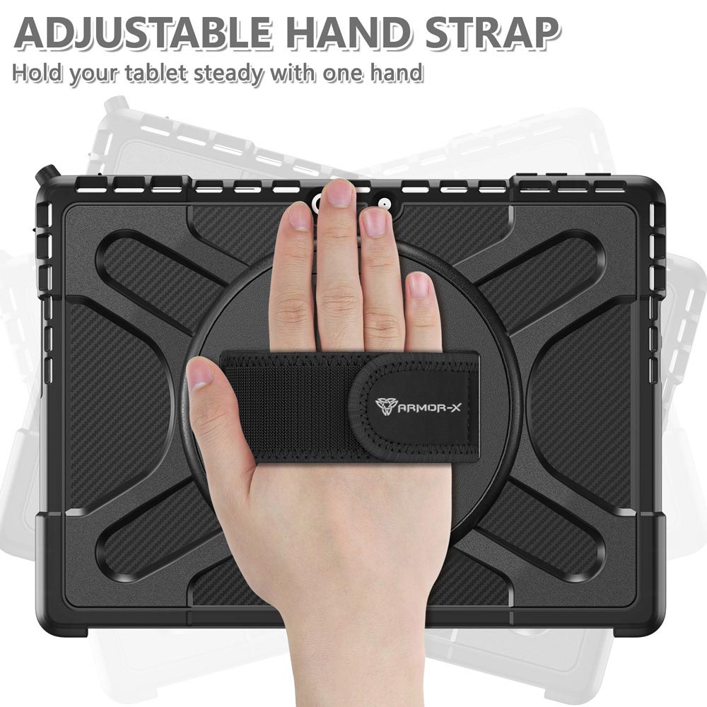 ARMOR-X Microsoft Surface Pro 9 Ultra 2 layers shockproof rugged case with hand strap for holding the tablet.
