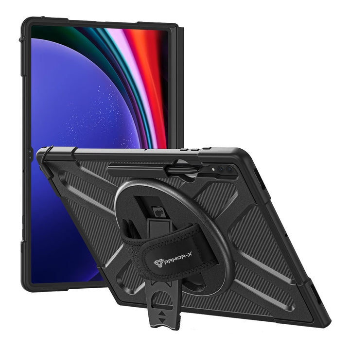 ARMOR-X Samsung Galaxy Tab S9 Ultra SM-X910 / X916 / X918 shockproof case, impact protection cover with hand strap and kick stand. One-handed design for your workplace.