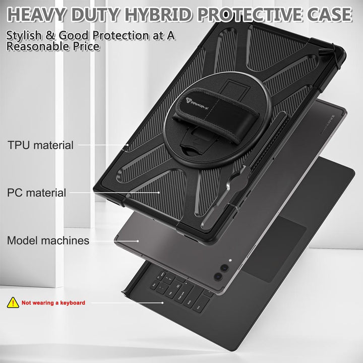 ARMOR-X Samsung Galaxy Tab S9 Ultra SM-X910 / X916 / X918 shockproof case, impact protection cover with hand strap and kick stand. Heavy duty hybrid protective case.