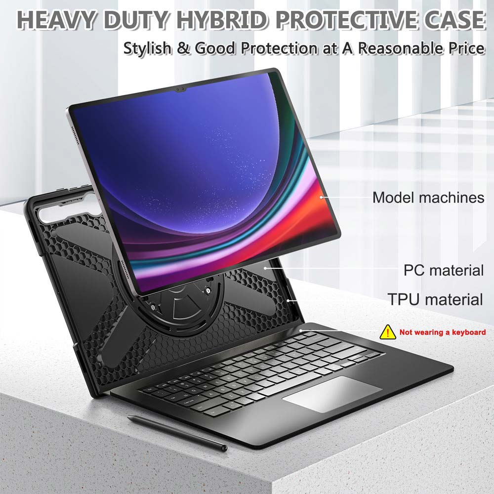 ARMOR-X Samsung Galaxy Tab S9 Ultra SM-X910 / X916 / X918 shockproof case, impact protection cover with hand strap and kick stand. Heavy duty hybrid protective case.