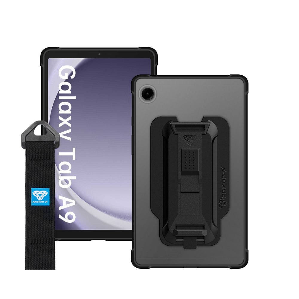 ARMOR-X Samsung Galaxy Tab A9 ( 8.7" ) SM-X110 / SM-X115 Matte Protective Case with hand strap and kick stand. One-handed design for your workplace.
