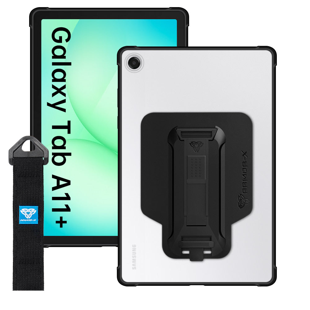 ARMOR-X Samsung Galaxy Tab A11+ A11 Plus ( 11" ) SM-X230 / SM-X235 / SM-X236 / SM-X238 Matte Protective Case with hand strap and kick stand. One-handed design for your workplace.