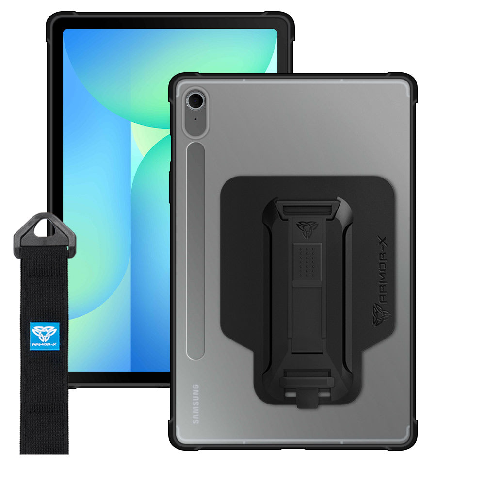 ARMOR-X Samsung Galaxy Tab S10 FE SM-X520 X526 X528 / S10 Lite SM-X400 X406 Matte Protective Case with hand strap and kick stand. One-handed design for your workplace.