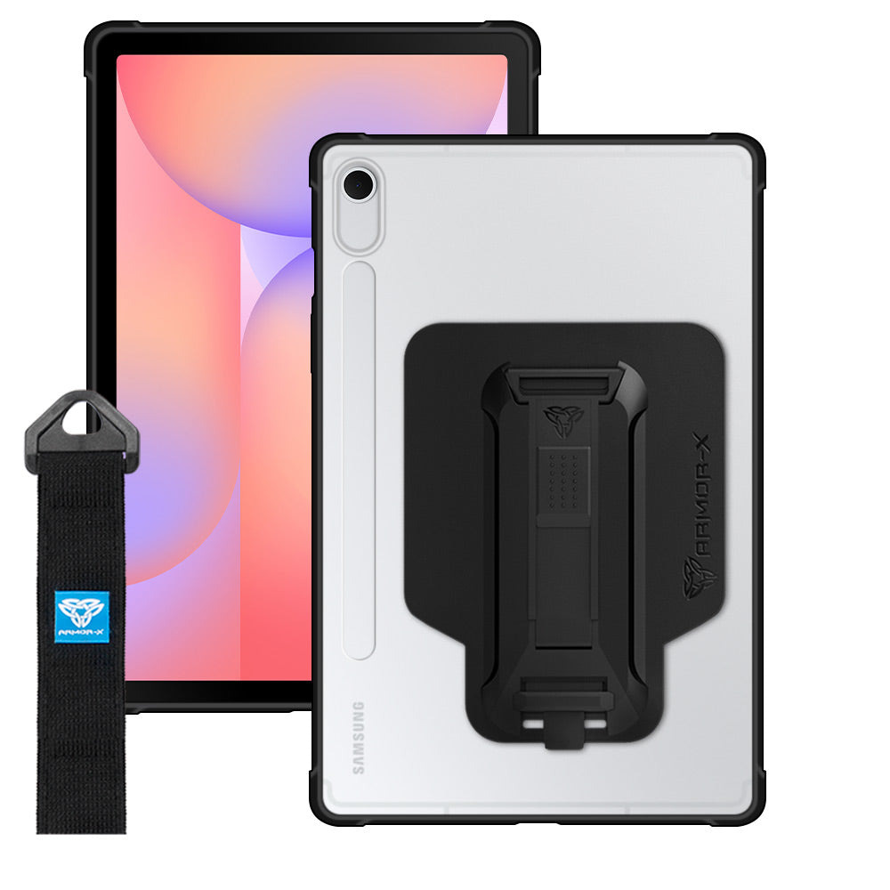 ARMOR-X Samsung Galaxy Tab S10 FE SM-X520 X526 X528 / S10 Lite SM-X400 X406 Matte Protective Case with hand strap and kick stand. One-handed design for your workplace.