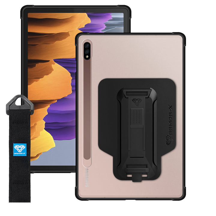 ARMOR-X Samsung Galaxy Tab S7 SM-T870 / SM-T875 / SM-T876B Matte Protective Case with hand strap and kick stand. One-handed design for your workplace.