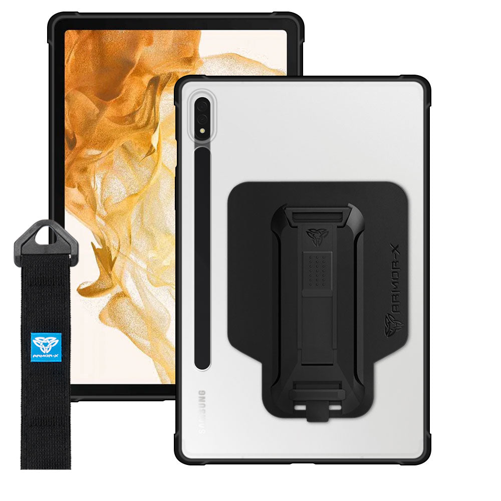 ARMOR-X Samsung Galaxy Tab S8 SM-X700 / SM-X706 Matte Protective Case with hand strap and kick stand. One-handed design for your workplace.