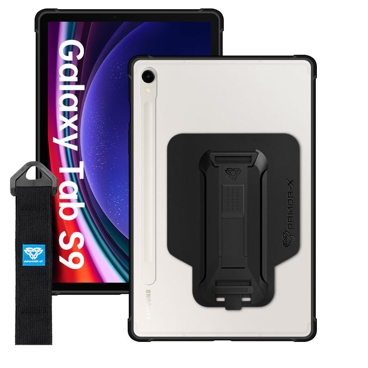ARMOR-X Samsung Galaxy Tab S9 SM-X710 / X716 / X718 Matte Protective Case with hand strap and kick stand. One-handed design for your workplace.