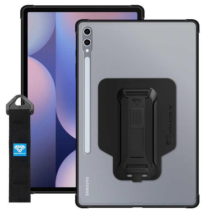 ARMOR-X Samsung Galaxy Tab S10+ S10 Plus SM-X820 / X826B Matte Protective Case with hand strap and kick stand. One-handed design for your workplace.