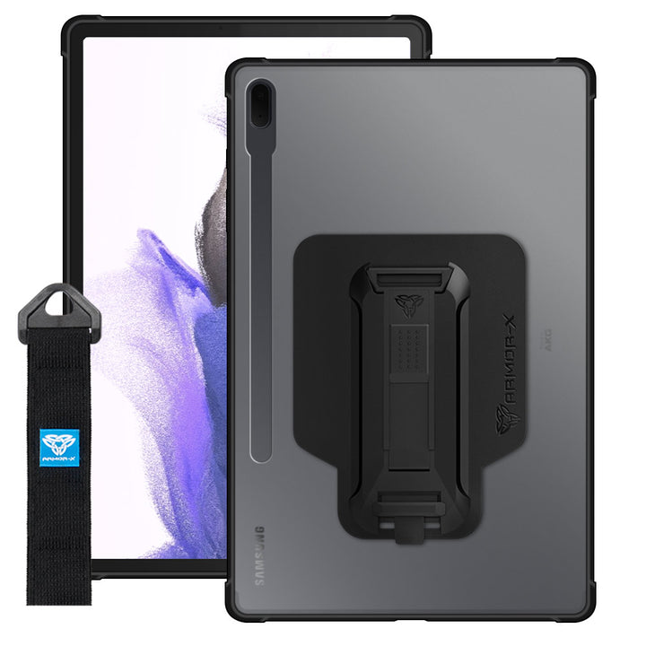 ARMOR-X Samsung Galaxy Tab S7 FE SM-T730 / T733 / T736B / T735NZ Matte Protective Case with hand strap and kick stand. One-handed design for your workplace.