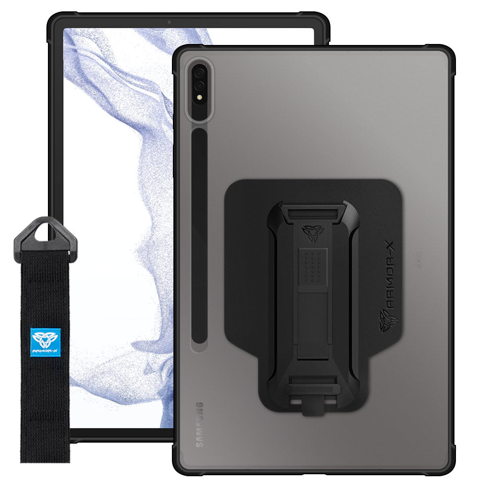 ARMOR-X Samsung Galaxy Tab S8+ S8 Plus SM-X800 / SM-X806 Matte Protective Case with hand strap and kick stand. One-handed design for your workplace.