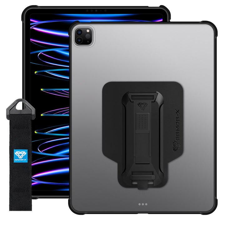 ARMOR-X iPad Pro 12.9 ( 3rd / 4th / 5th / 6th Gen. ) 2018 / 2020 / 2021 / 2022 Matte Protective Case with hand strap and kick stand. One-handed design for your workplace.