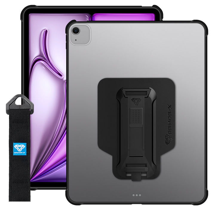 ARMOR-X iPad Air 13 (M2) / (M3) / (M4) Matte Protective Case with hand strap and kick stand. One-handed design for your workplace.