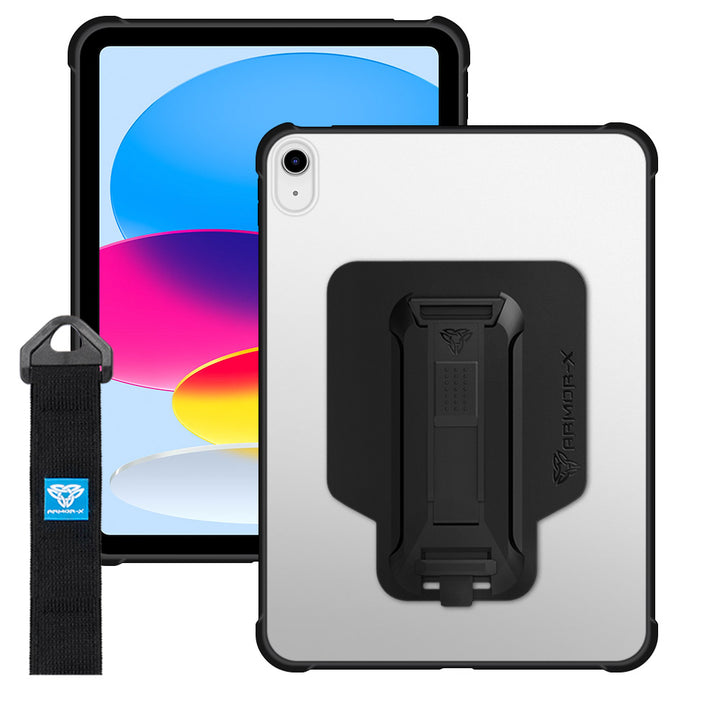 ARMOR-X iPad 11-Inch (11th Gen / A16) Matte Protective Case with hand strap and kick stand. One-handed design for your workplace.