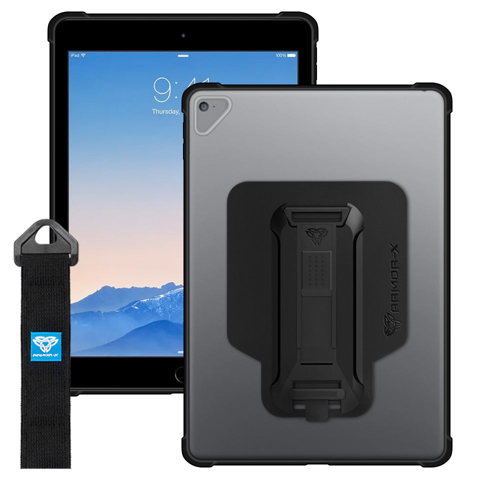 ARMOR-X iPad Air 2 Matte Protective Case with hand strap and kick stand. One-handed design for your workplace.