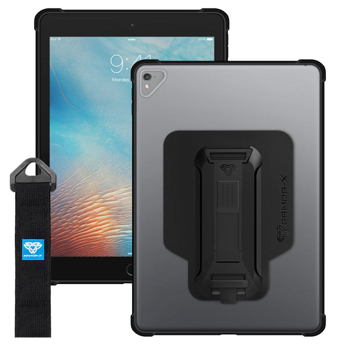 ARMOR-X iPad Pro 9.7 2016 Matte Protective Case with hand strap and kick stand. One-handed design for your workplace.