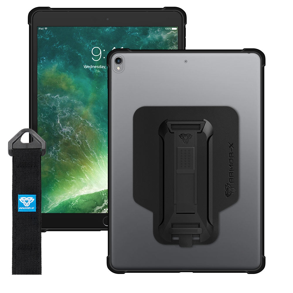 ARMOR-X iPad Pro 10.5 2017 Matte Protective Case with hand strap and kick stand. One-handed design for your workplace.